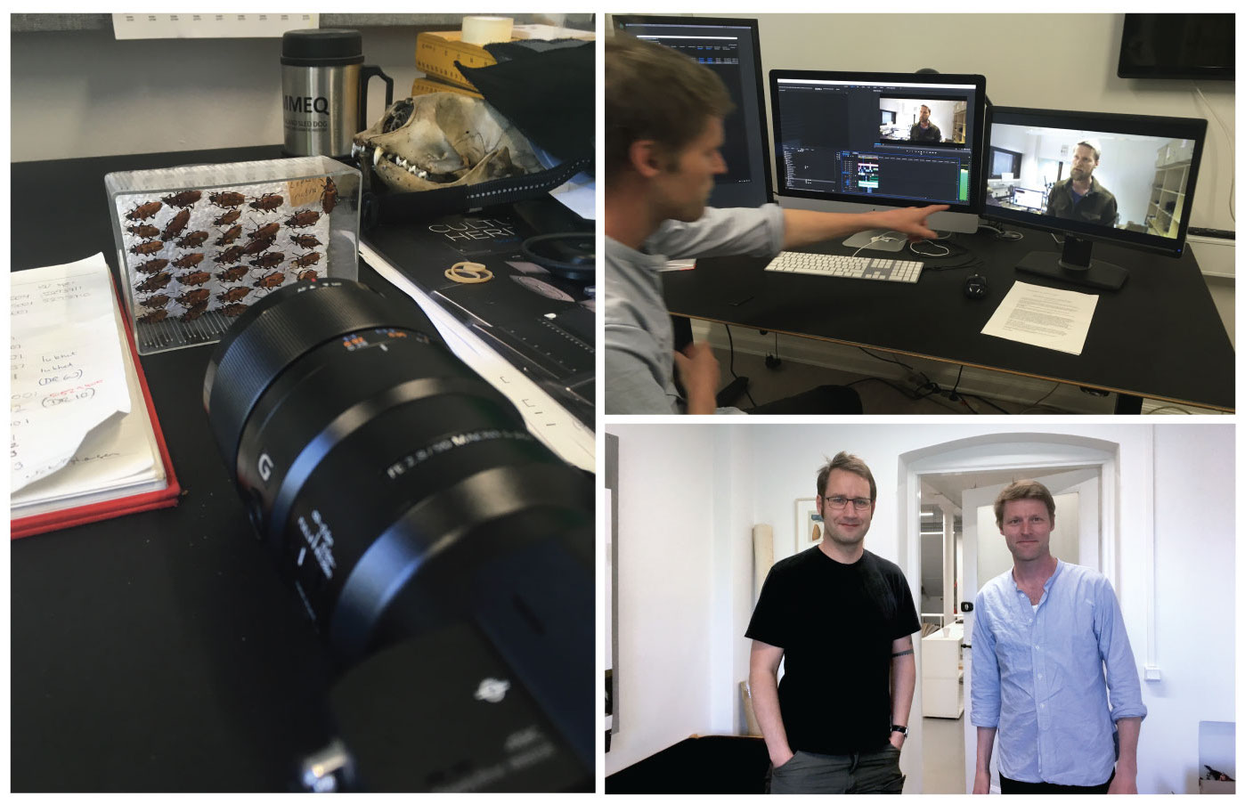 Optimizing image capture (right). Anders showing a video being made about the digitation efforts at the digitization facility at Sertifer in Joensuu, Finland (top left). Matin Stein and Anders Drud Jordan in their office at University of Copenhagen Campus (bottom left).